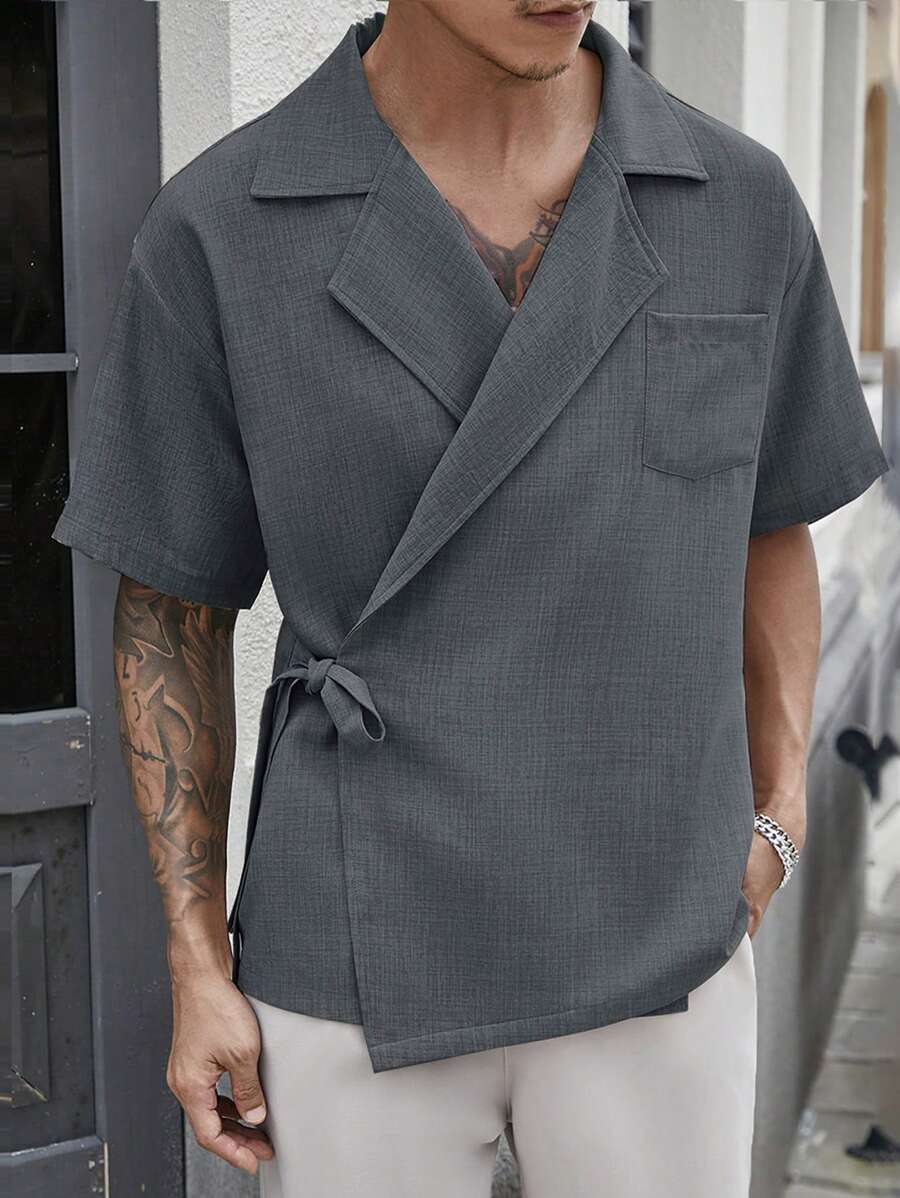 Chemise en lin à taille nouée et poche – Vêtement respirant pour homme