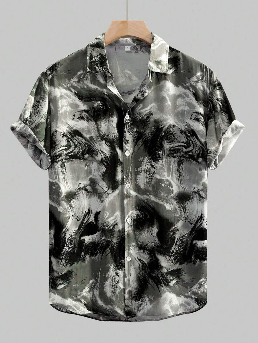 Chemise hawaïenne boutonnée à manches courtes et imprimé sur toute la surface
