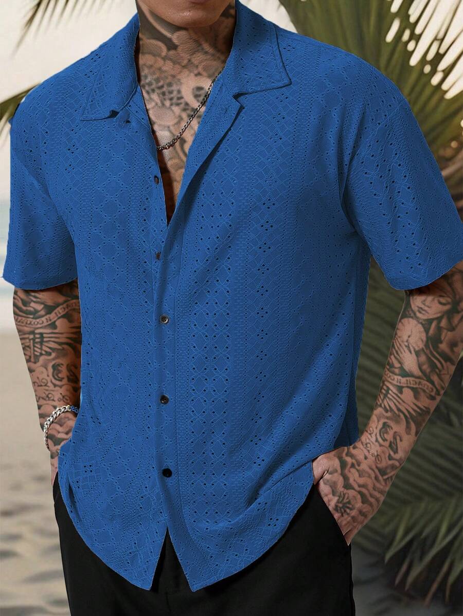 Chemise jacquard texturée au crochet pour homme - Tricot géométrique décontracté