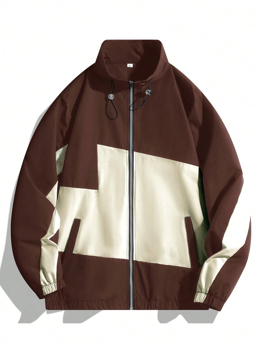 Coupe-vent zippé colorblock avec cordon de serrage et col cheminée