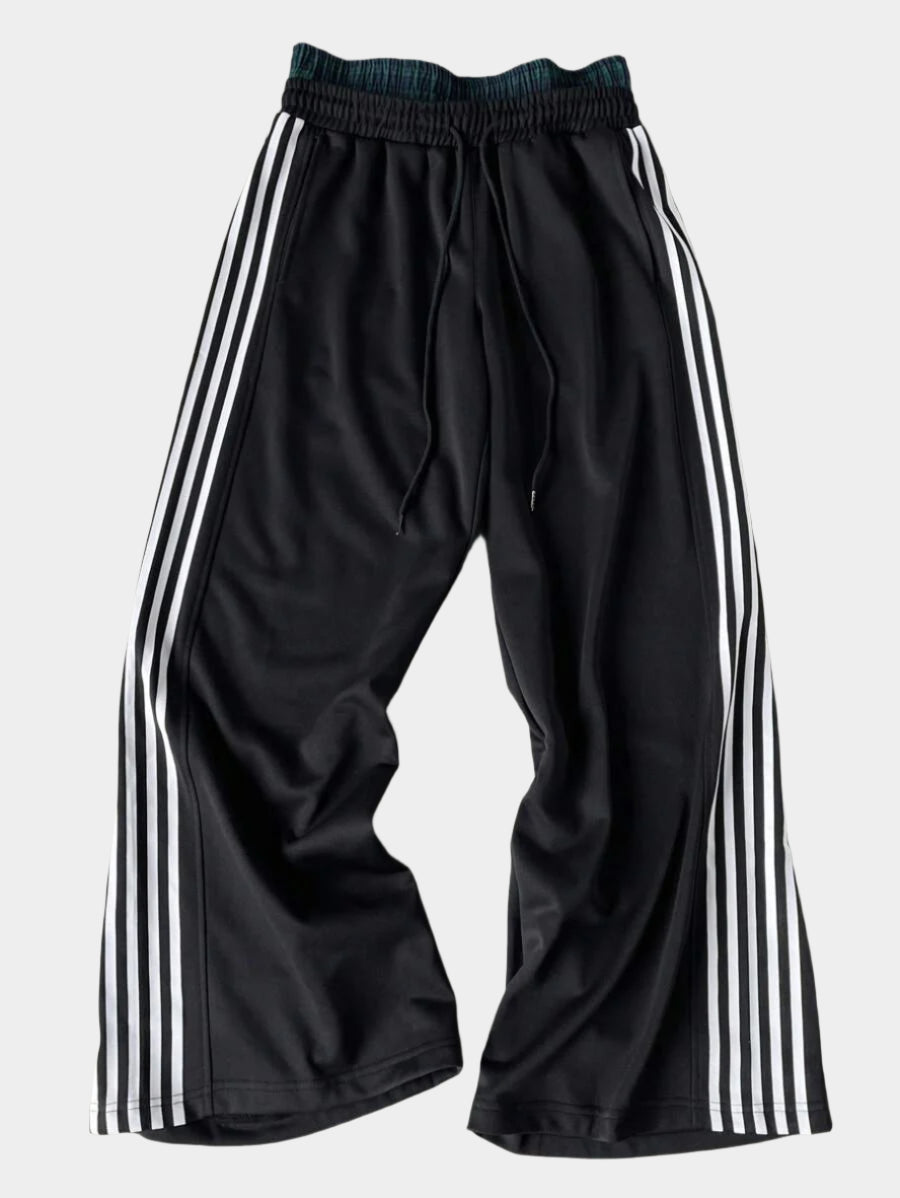 Pantalon de survêtement à rayures et jambes larges avec ceinture double épaisseur