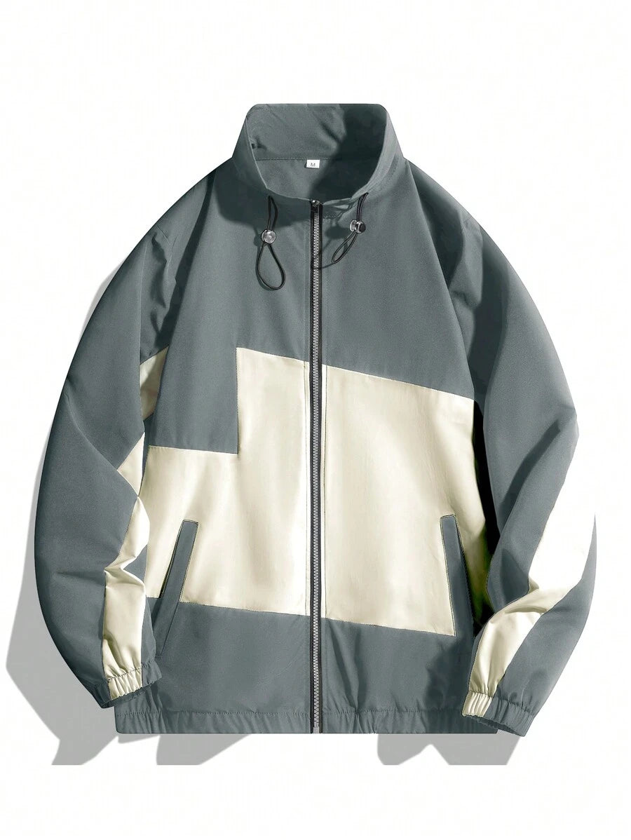 Coupe-vent zippé colorblock avec cordon de serrage et col cheminée