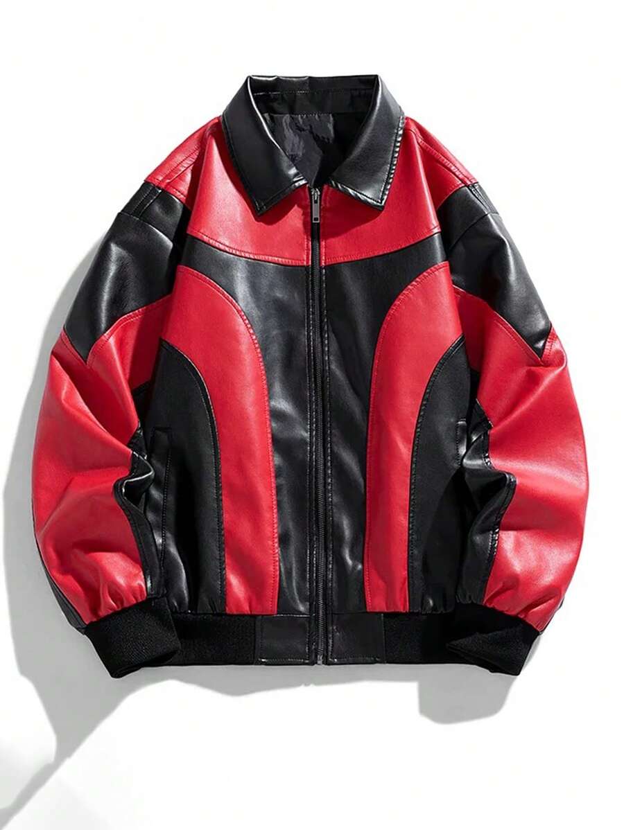 Veste en cuir zippée colorblock - Coupe-vent sport décontracté pour homme