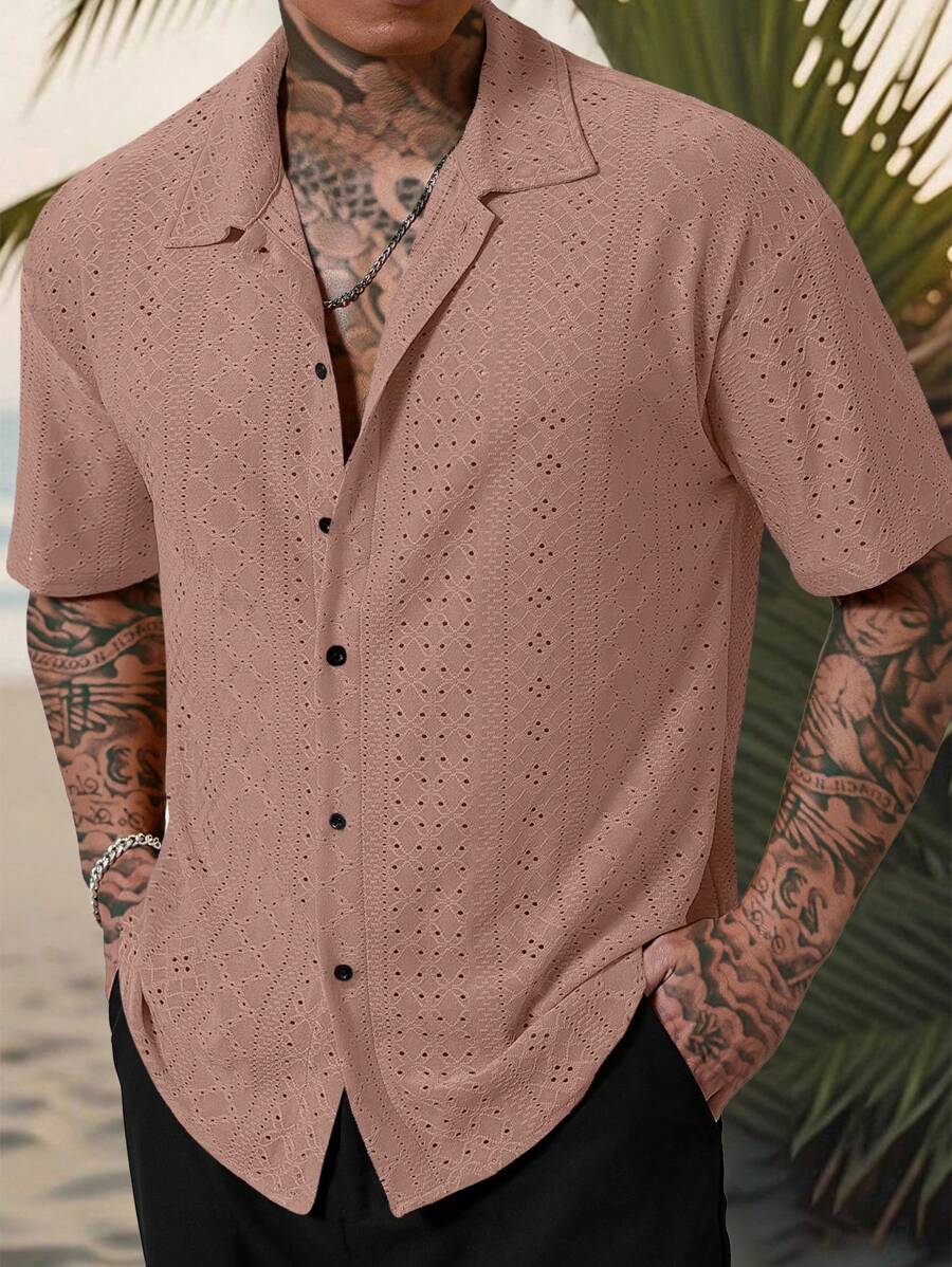 Chemise jacquard texturée au crochet pour homme - Tricot géométrique décontracté