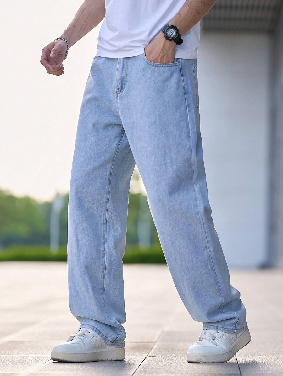 Jean droit délavé clair pour homme – Pantalon ample décontracté