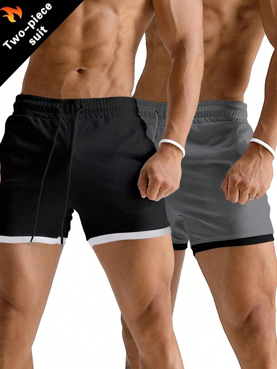 Shorts de sport 2-en-1 avec cordon et détails contrastés tendance pour hommes