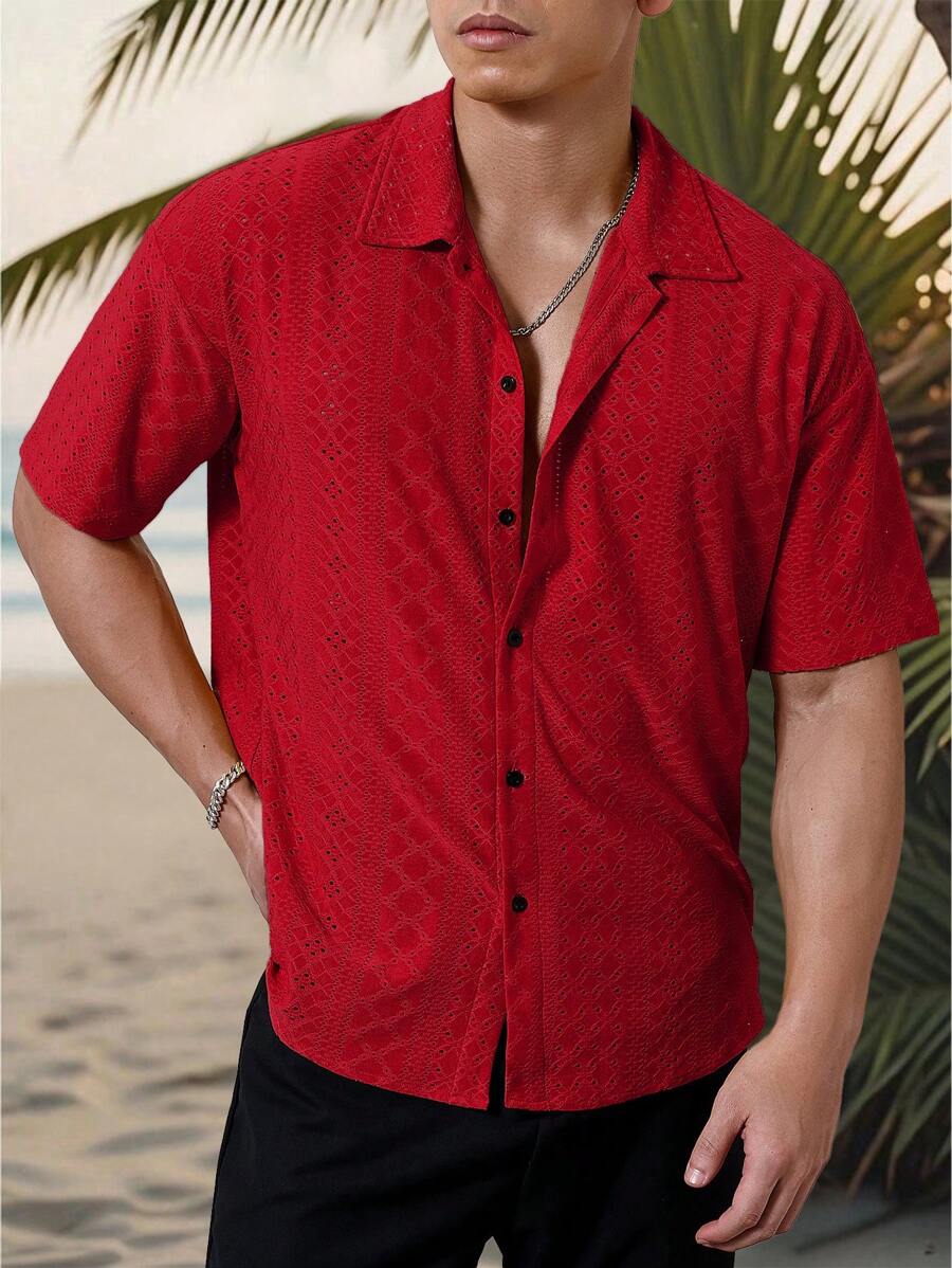Chemise jacquard texturée au crochet pour homme - Tricot géométrique décontracté