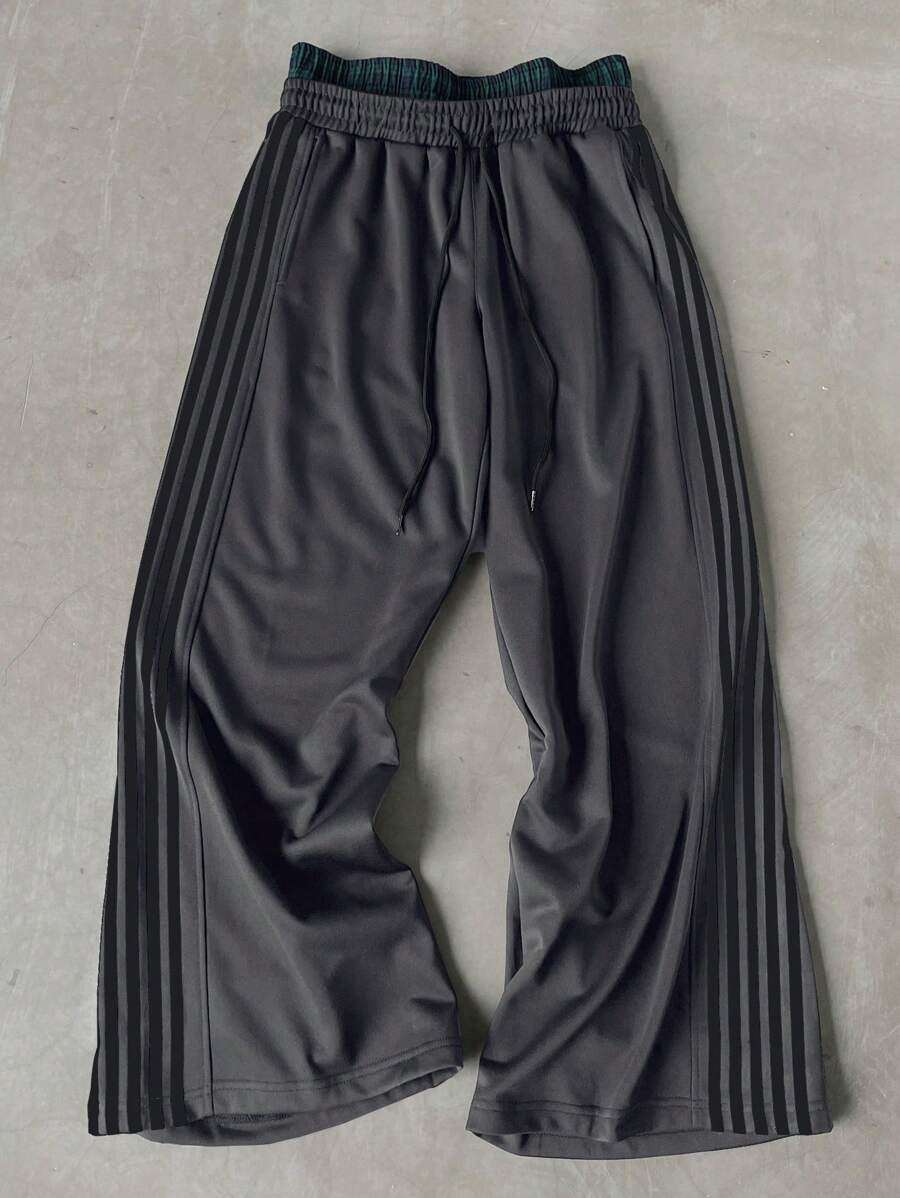 Pantalon de survêtement à rayures et jambes larges avec ceinture double épaisseur