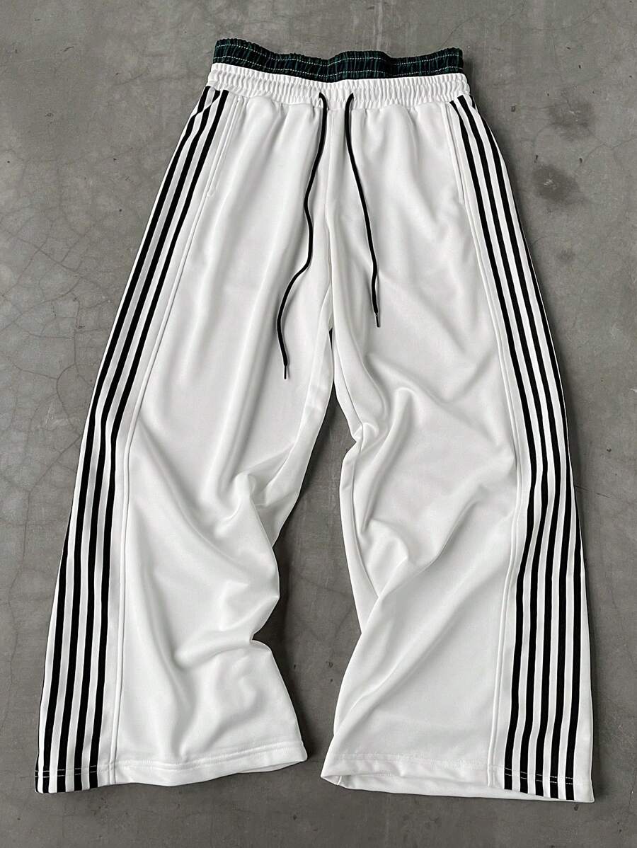 Pantalon de survêtement à rayures et jambes larges avec ceinture double épaisseur