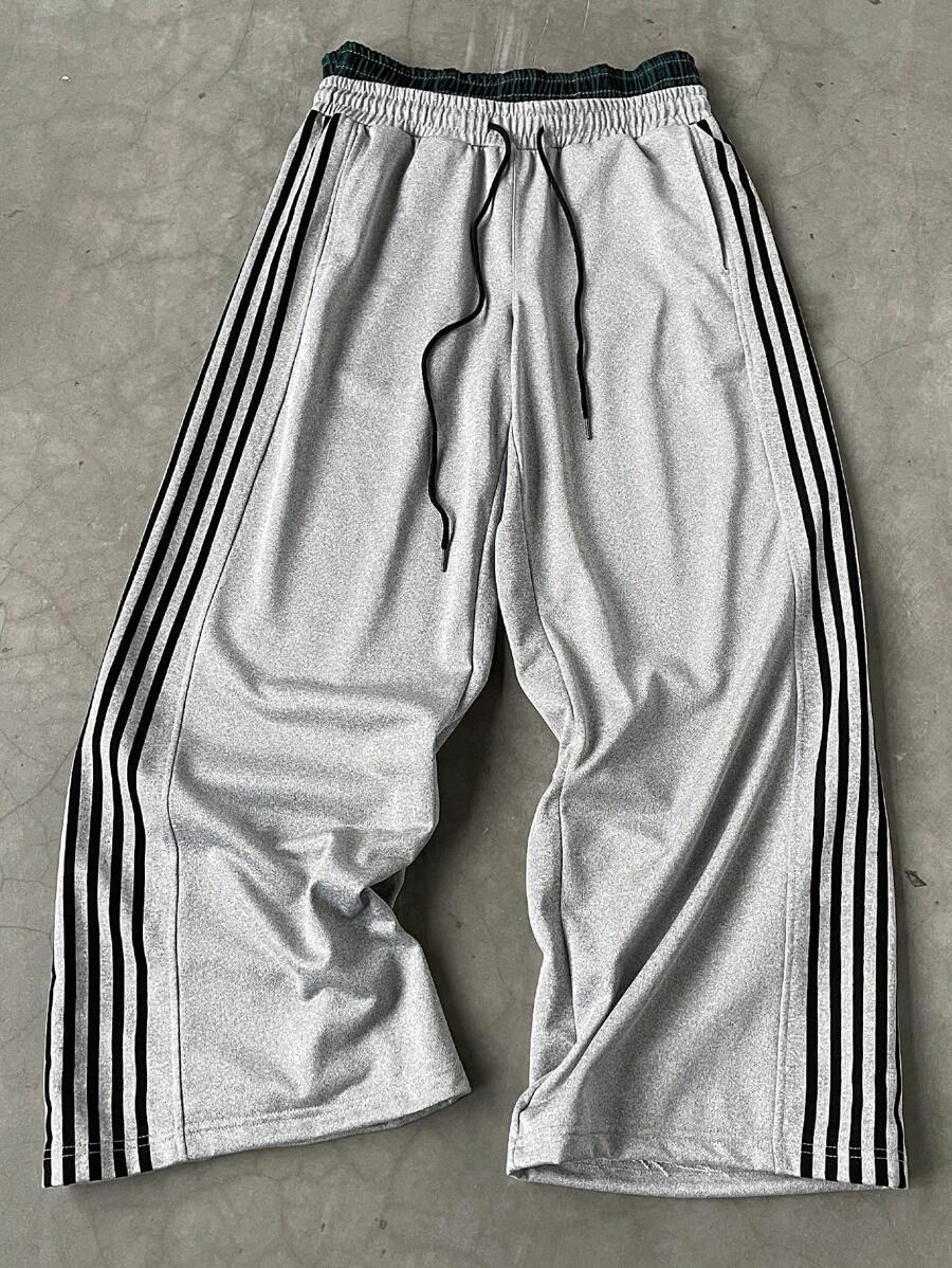 Pantalon de survêtement à rayures et jambes larges avec ceinture double épaisseur