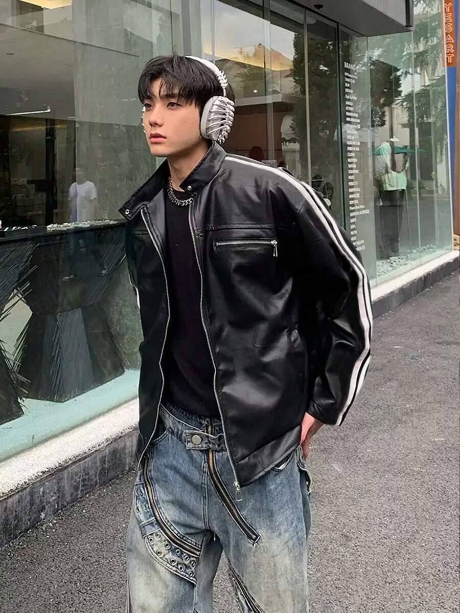 Blouson aviateur en similicuir à col montant et fermeture éclair pour homme