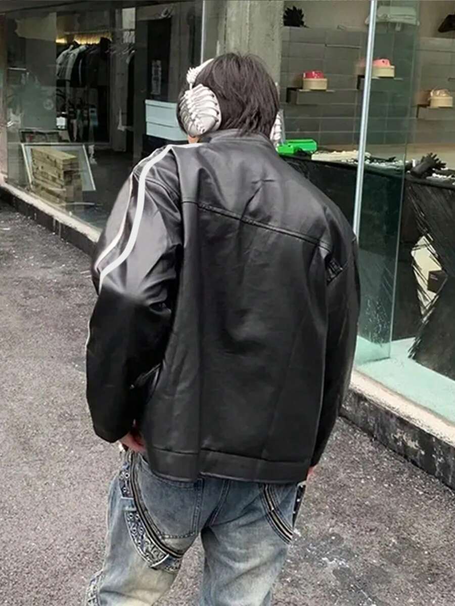 Blouson aviateur en similicuir à col montant et fermeture éclair pour homme