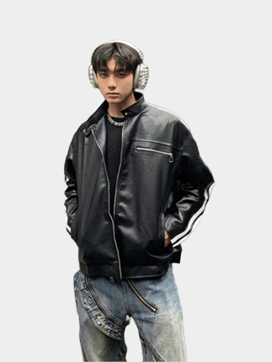 Blouson aviateur en similicuir à col montant et fermeture éclair pour homme