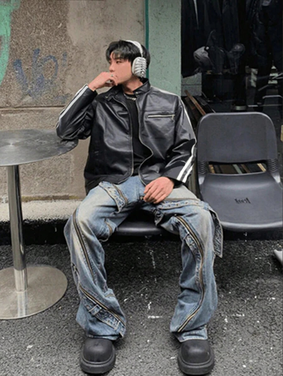 Blouson aviateur en similicuir à col montant et fermeture éclair pour homme