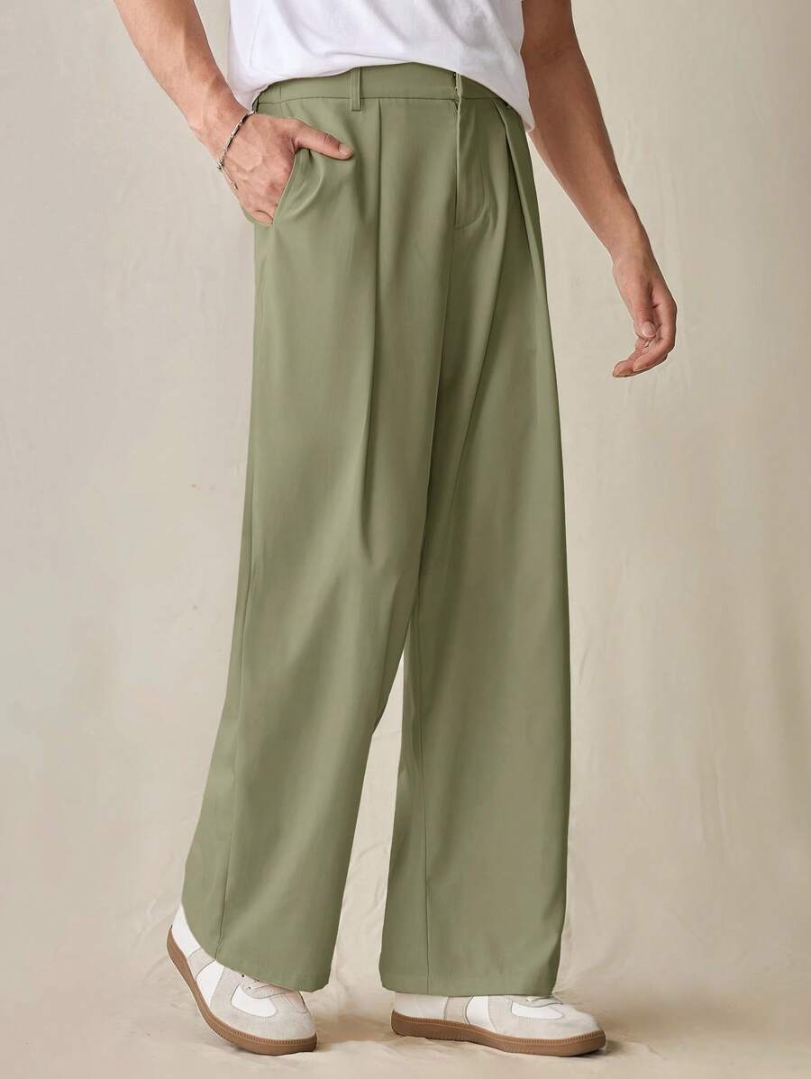 Pantalon décontracté à jambe droite et taille élastique pour homme, couleur unie