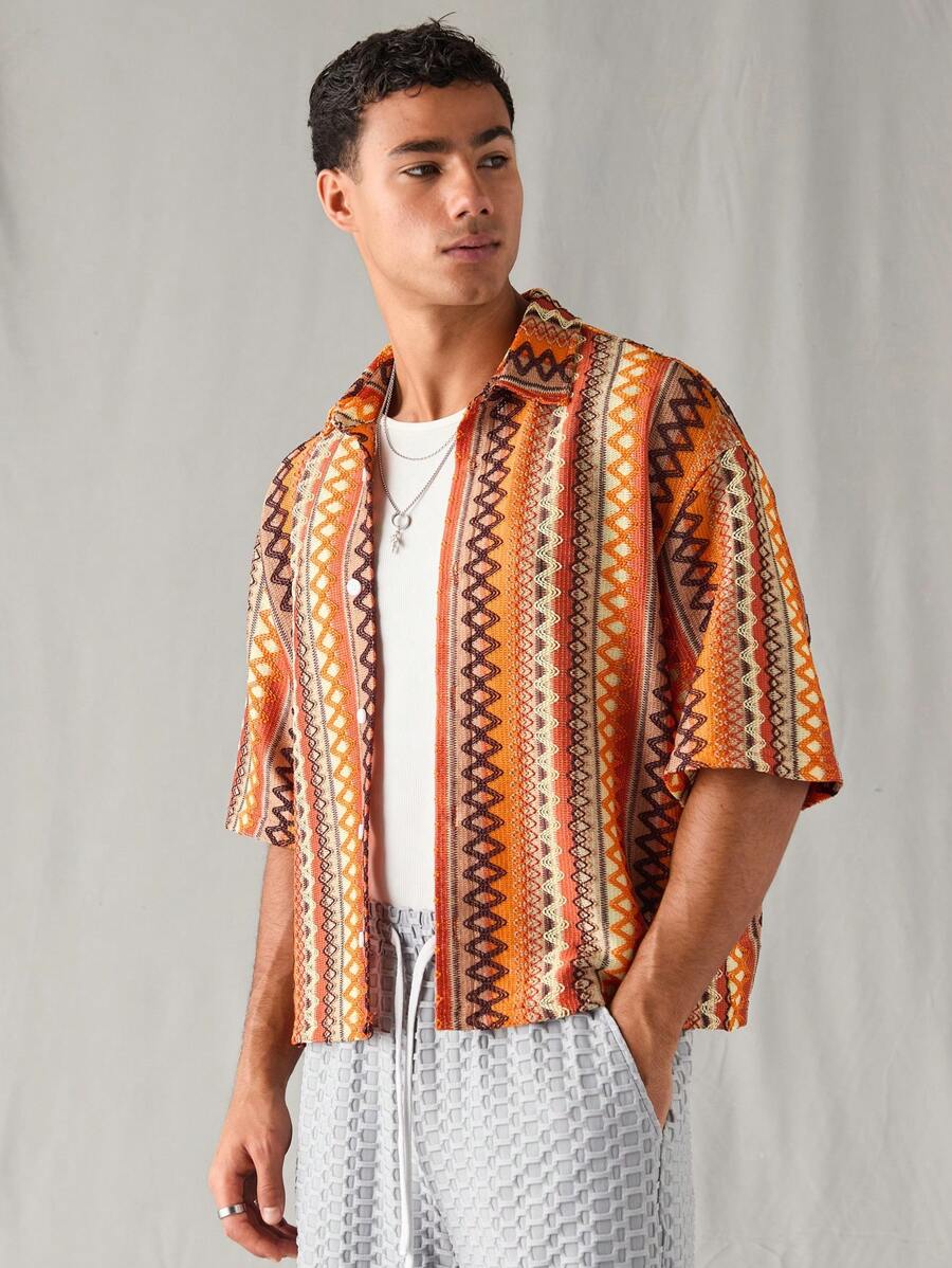 Chemise à manches courtes en jacquard tricoté - Style décontracté et ample
