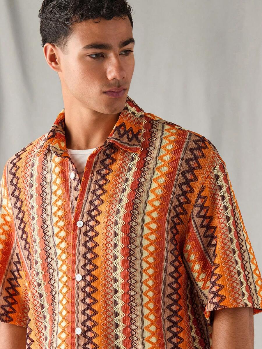 Chemise à manches courtes en jacquard tricoté - Style décontracté et ample