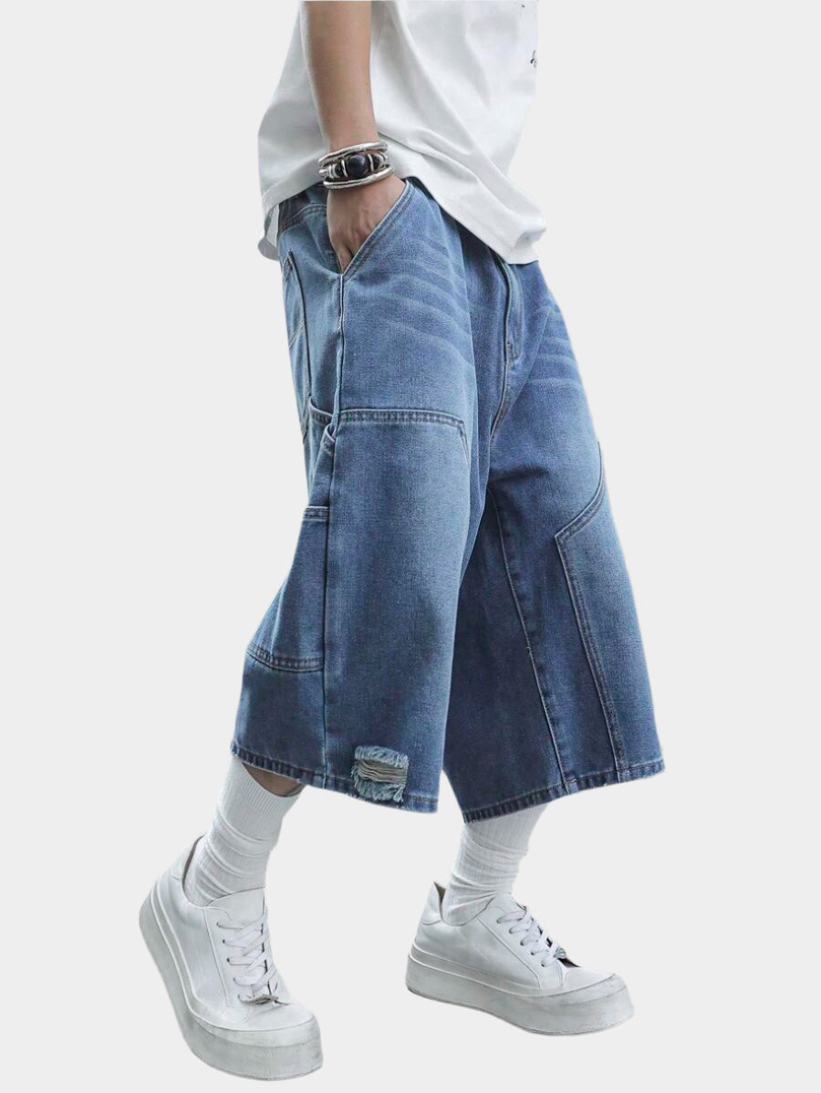 Jorts en jean bleu moyen, style cargo patchwork, coupe ample streetwear