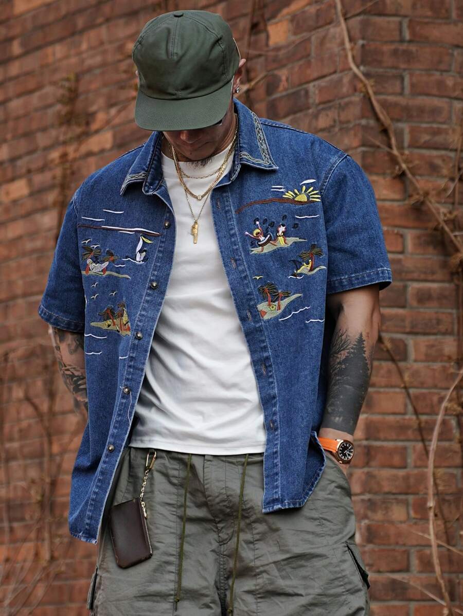 Chemise en jean décontractée à motif estival avec bouton sur le devant pour homme