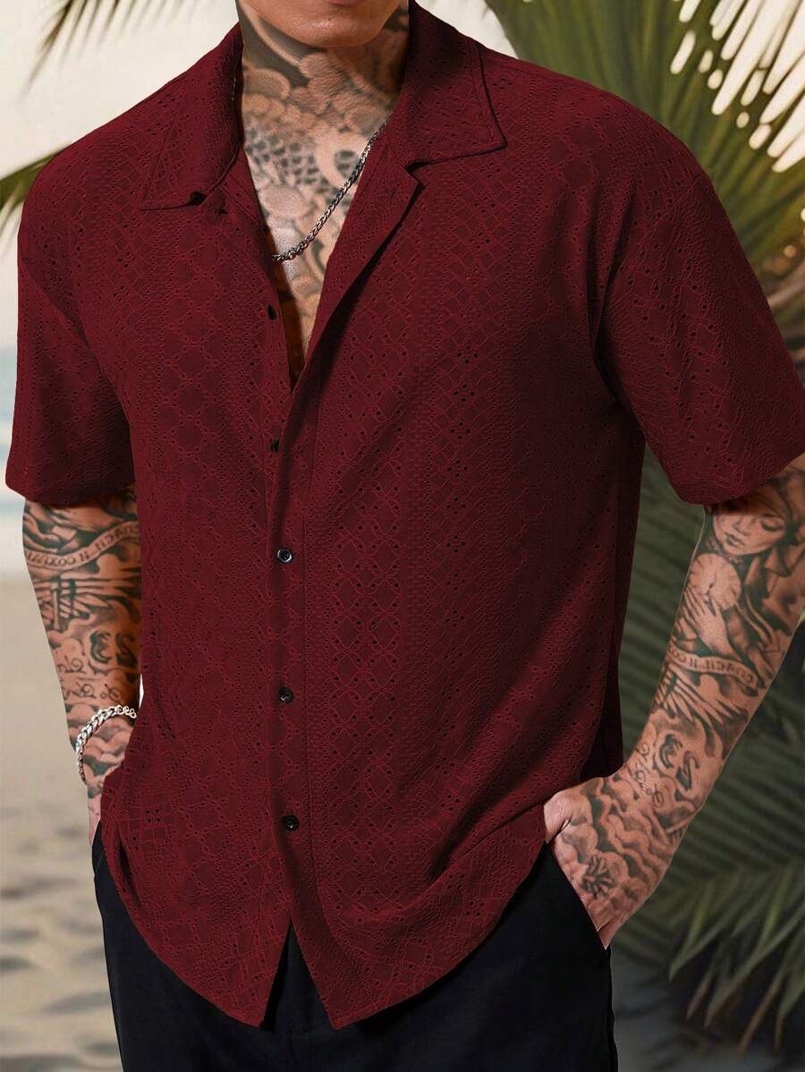 Chemise jacquard texturée au crochet pour homme - Tricot géométrique décontracté