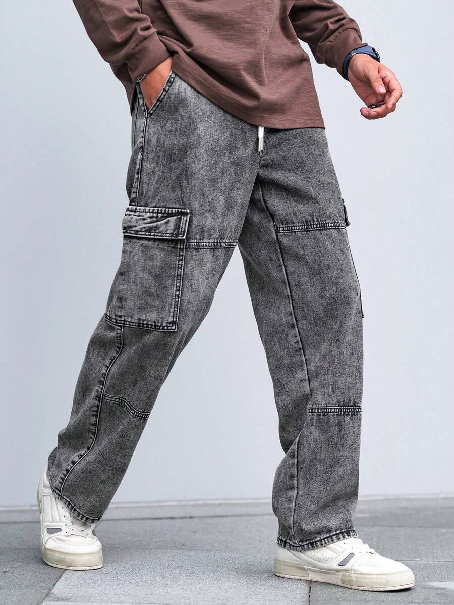 Pantalon cargo coupe ample avec cordon de serrage à la taille pour homme