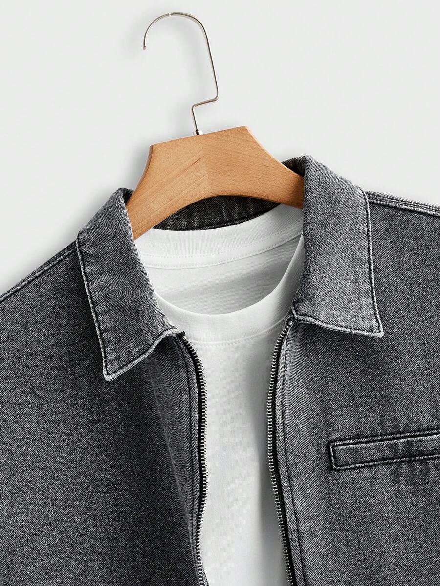 Chemise en jean courte, ample et décontractée, gris foncé, délavée, pour homme