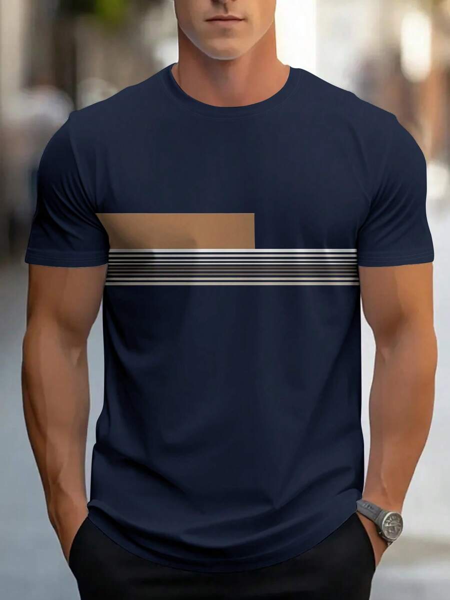Chemise à col rond imprimée rayures style casual moderne été