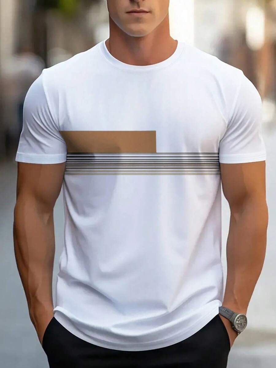 Chemise à col rond imprimée rayures style casual moderne été