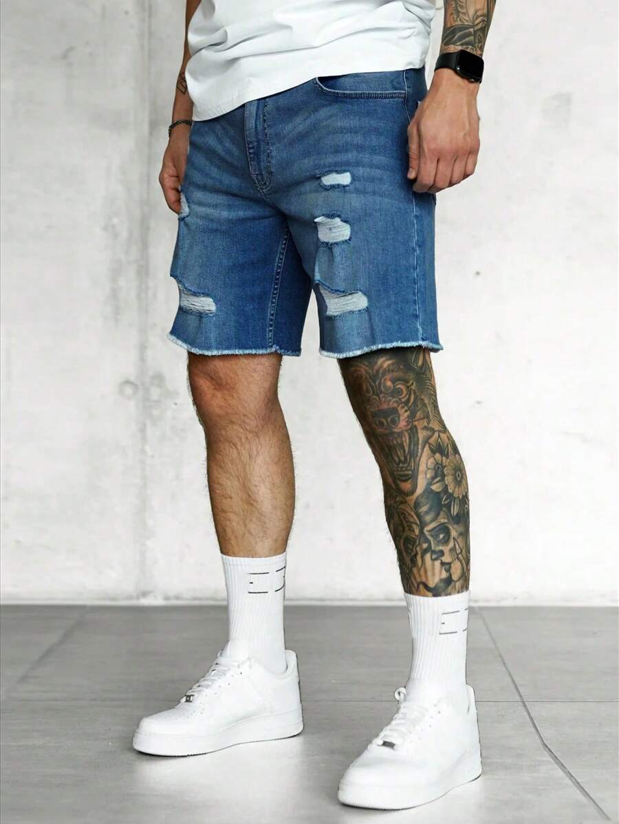 Jorts déchirés à ourlet brut, style streetwear décontracté tendance pour hommes