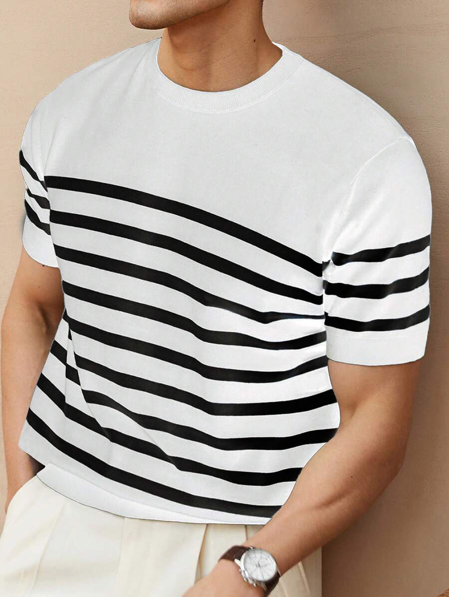 Chemise décontractée à rayures et col ras du cou - Mode masculine au quotidien