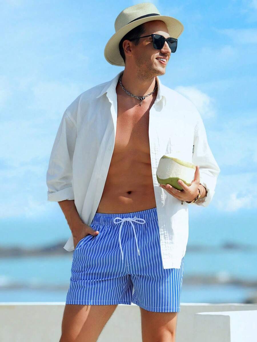 Short décontracté à taille élastique et rayures – Short à cordon pour homme