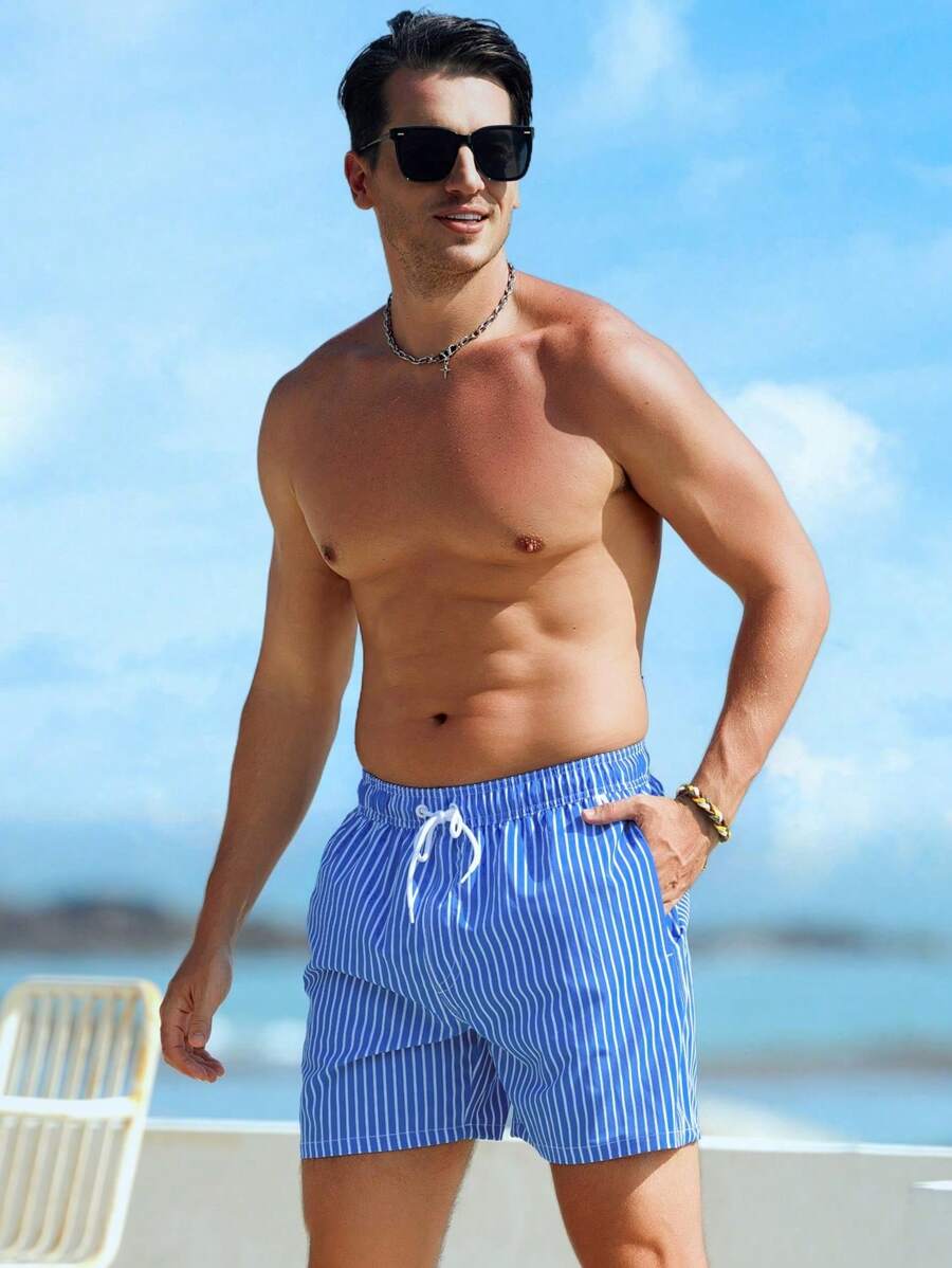 Short décontracté à taille élastique et rayures – Short à cordon pour homme