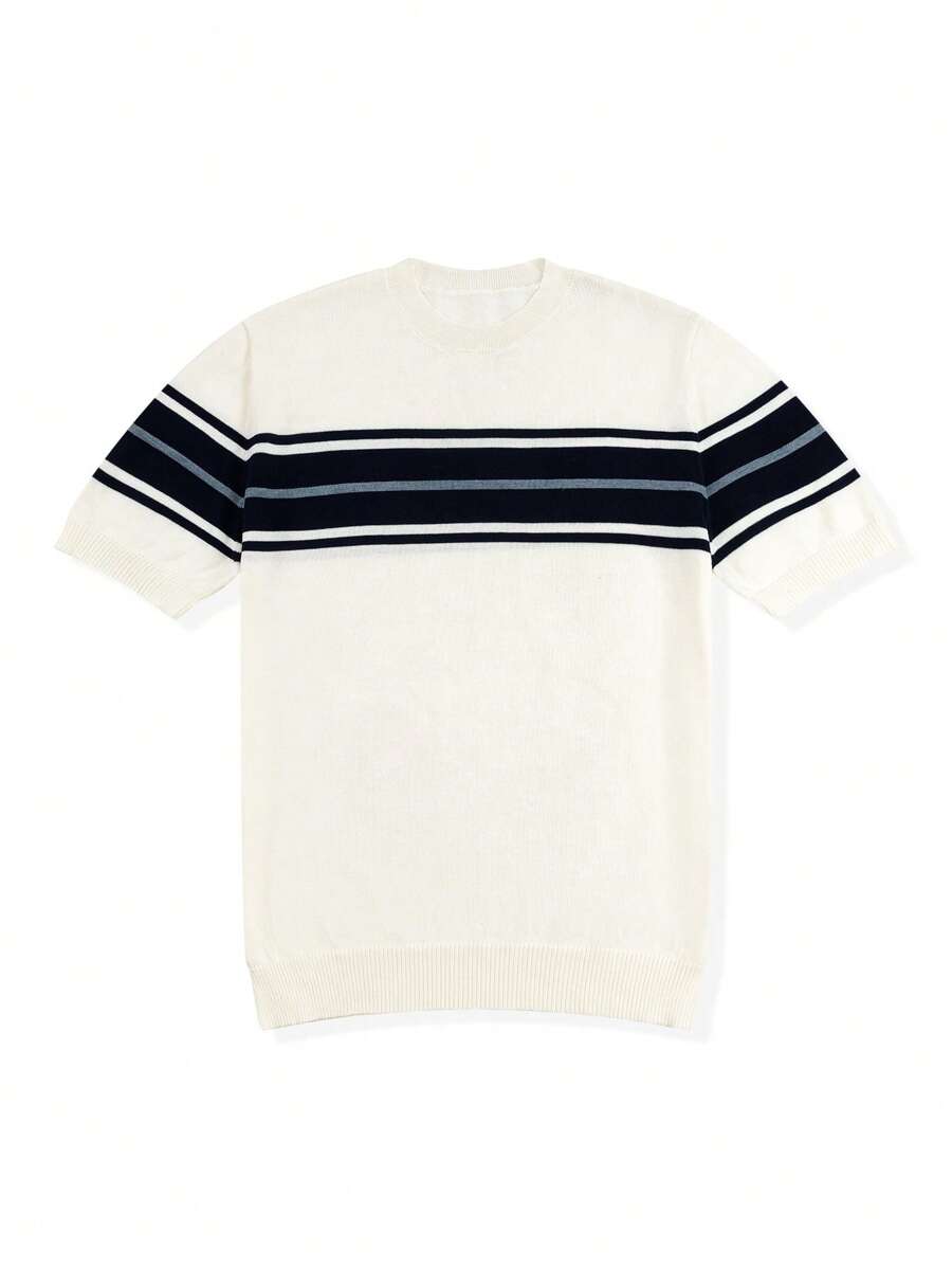 Chemise à rayures décontractée à col ras du cou et manches courtes pour homme