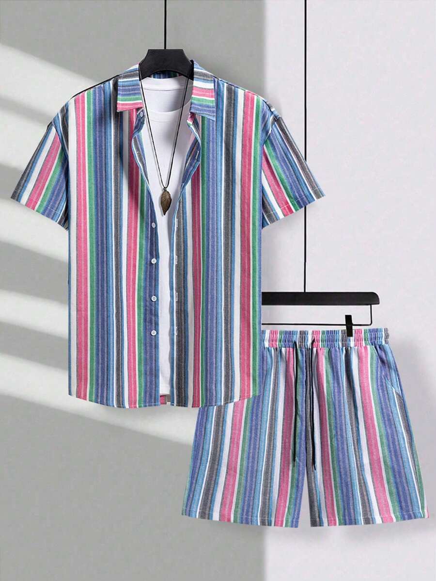 Chemise boutonnée rayée en lin et short à cordon de serrage - Ensemble été homme
