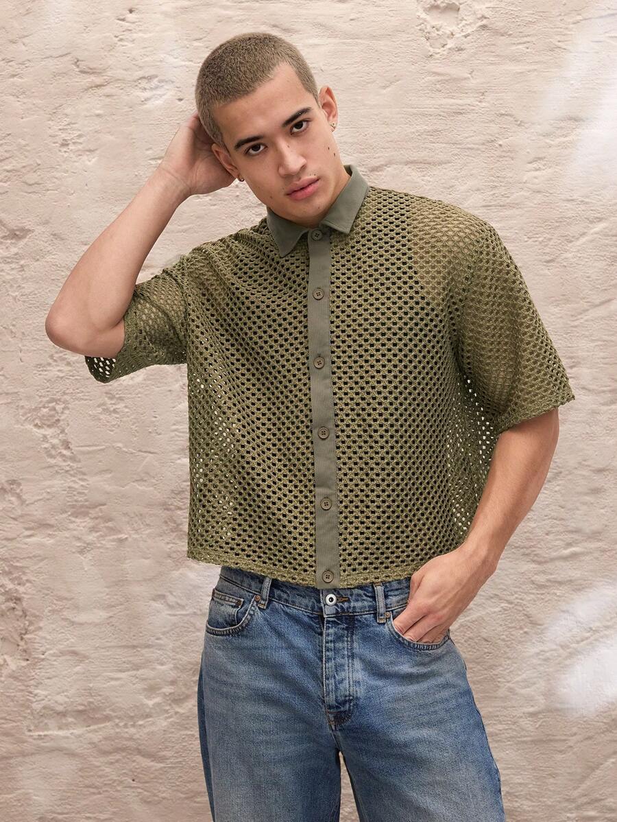 Chemise à manches courtes en jacquard tricoté - Style décontracté et ample
