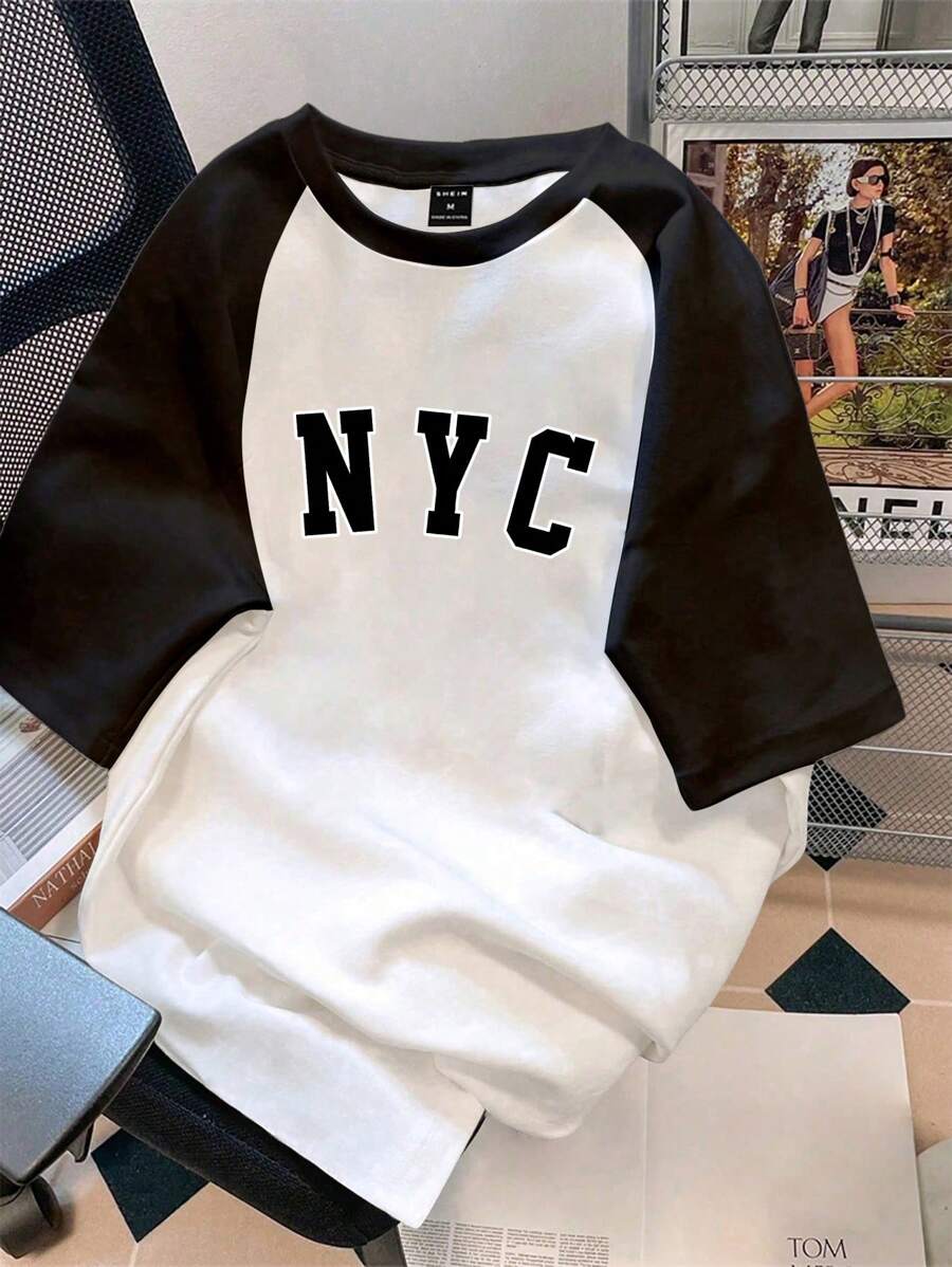 Chemise à col rond manches raglan avec imprimé graphique tendance