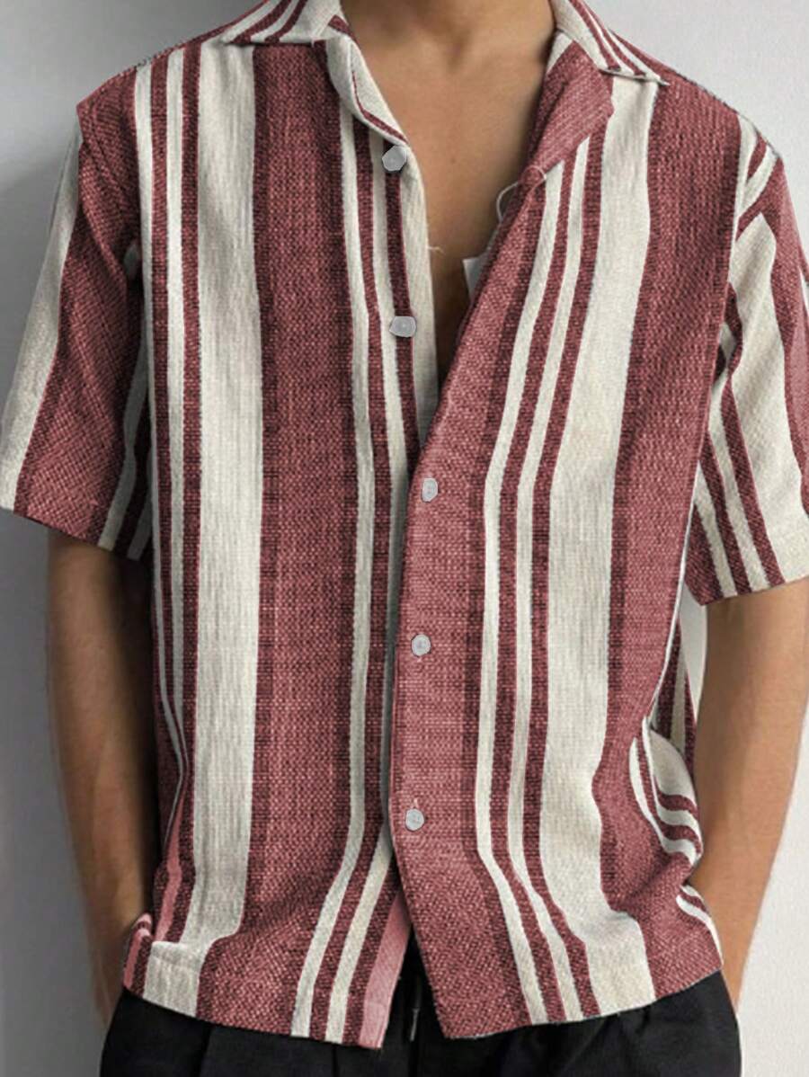 Chemise boutonnée à rayures en lin – Manches courtes décontractées pour homme