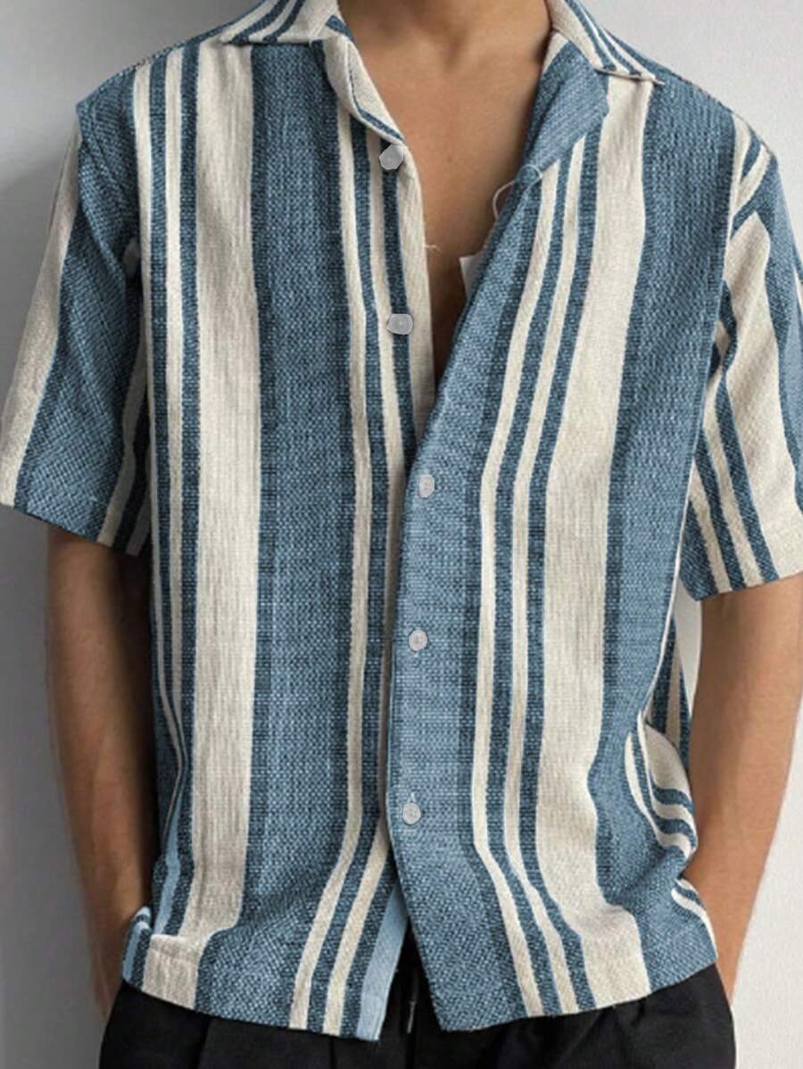 Chemise boutonnée à rayures en lin – Manches courtes décontractées pour homme