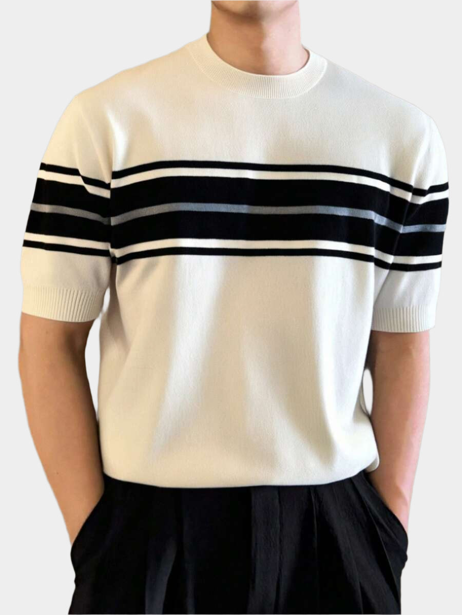 Chemise à rayures décontractée à col ras du cou et manches courtes pour homme