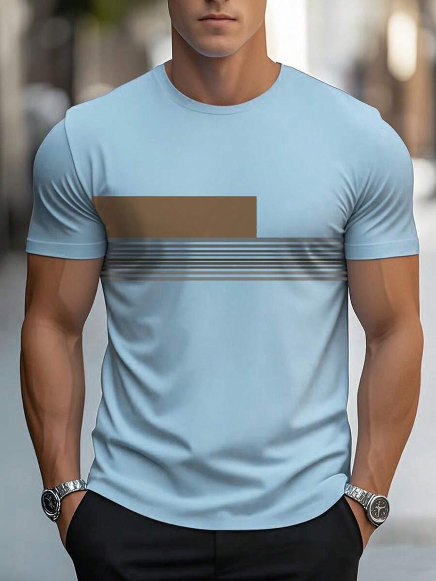 Chemise à col rond imprimée rayures style casual moderne été