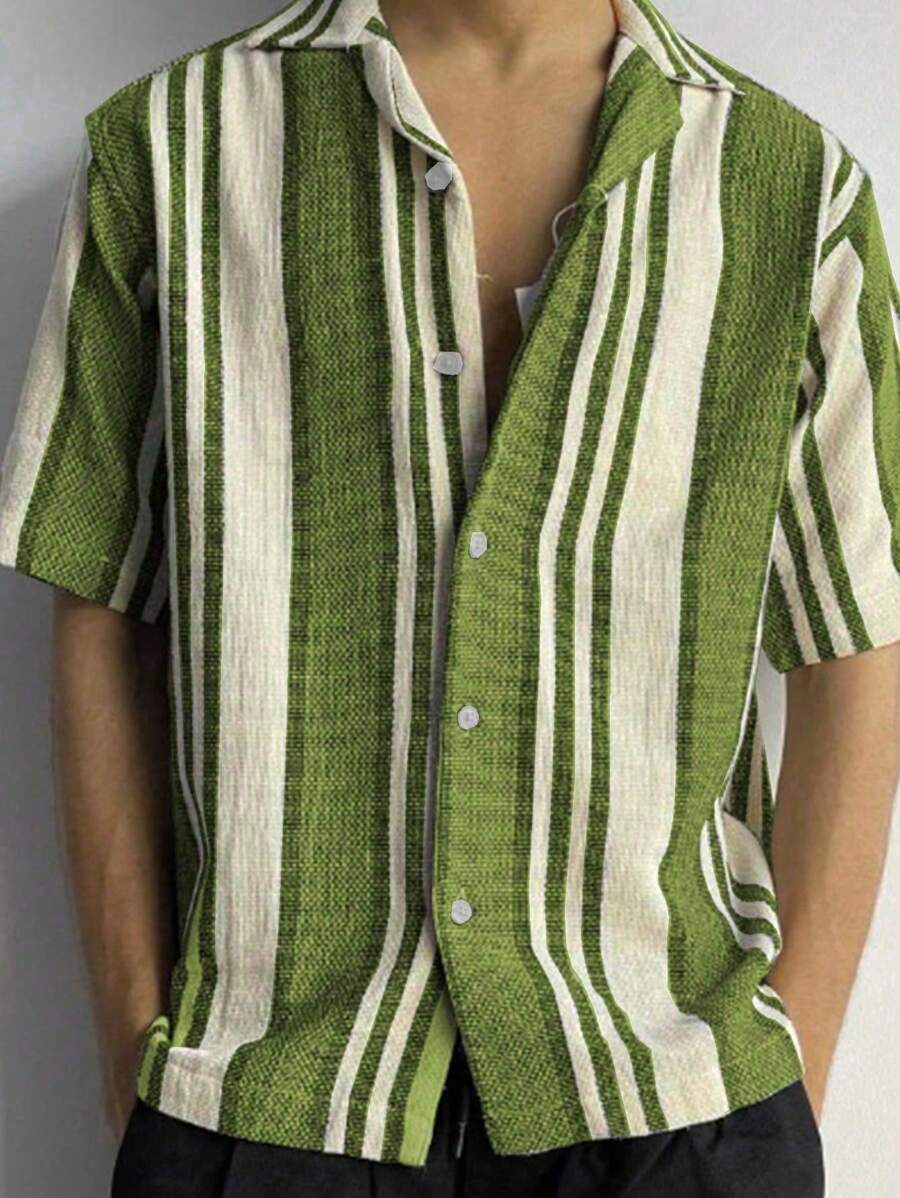 Chemise boutonnée à rayures en lin – Manches courtes décontractées pour homme
