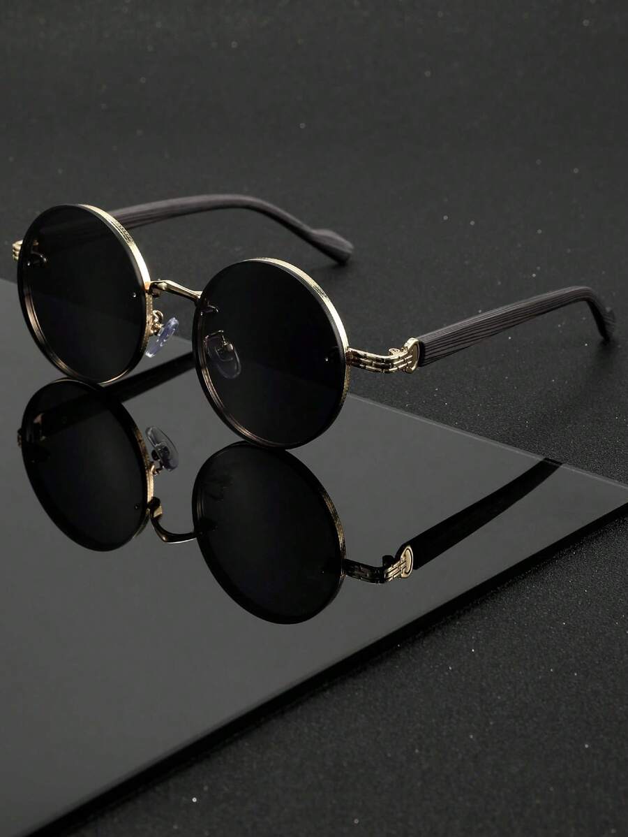 Lunettes de soleil rondes noires en métal pour homme – Accessoire de mode punk vintage