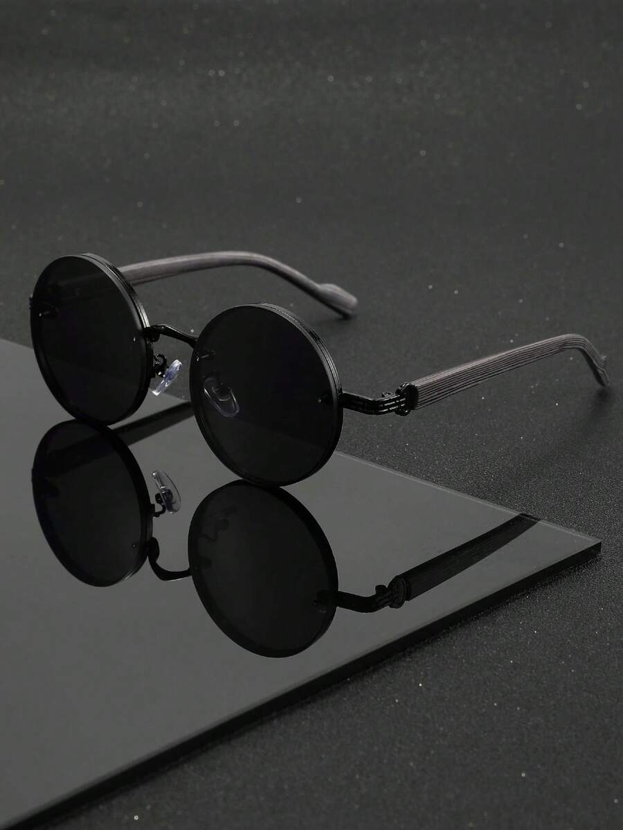 Lunettes de soleil rondes noires en métal pour homme – Accessoire de mode punk vintage