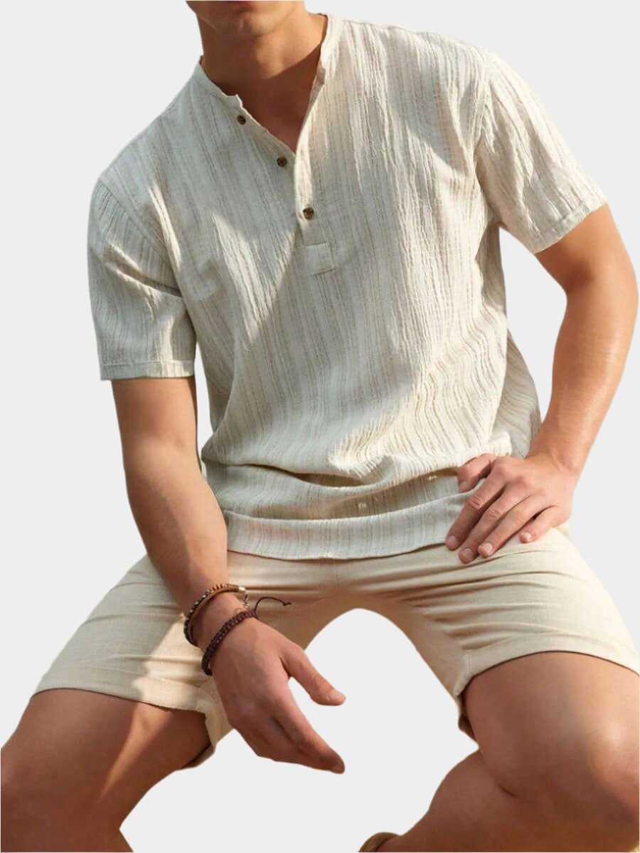 Chemise boutonnée à manches courtes style lin rayée pour homme