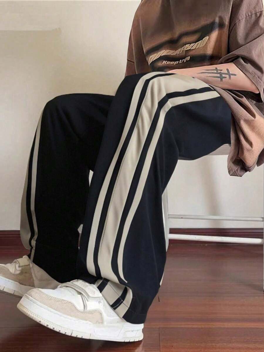 Pantalon d'été ample et respirant pour homme, coupe droite, avec bandes latérales