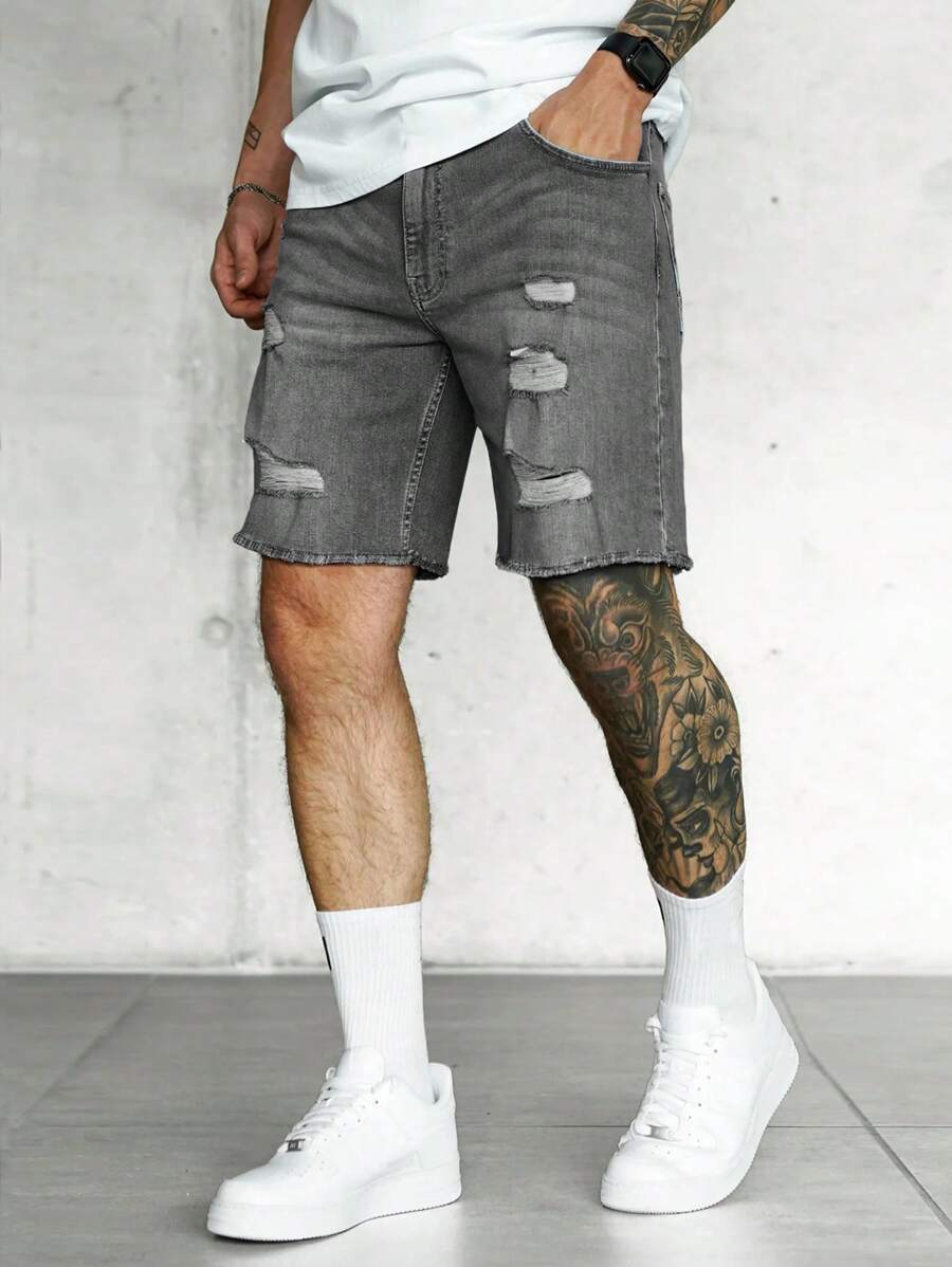 Jorts déchirés à ourlet brut, style streetwear décontracté tendance pour hommes