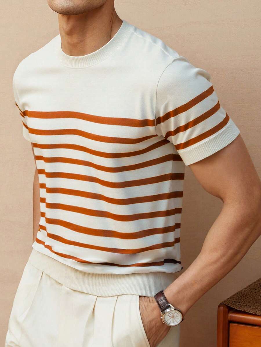 Chemise décontractée à rayures et col ras du cou - Mode masculine au quotidien