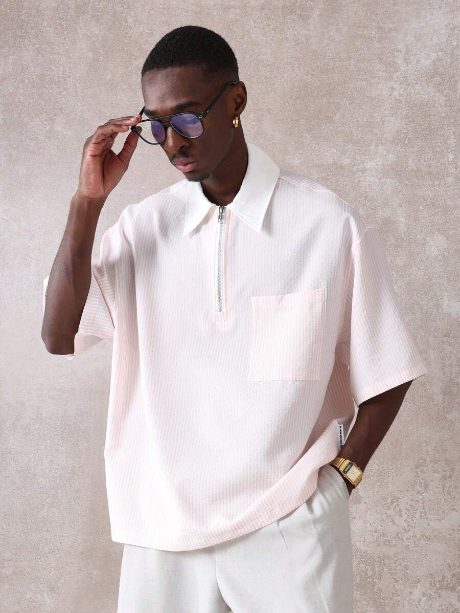 Chemises surdimensionnées polo rayée décontractée et oversize, zip à mi-hauteur