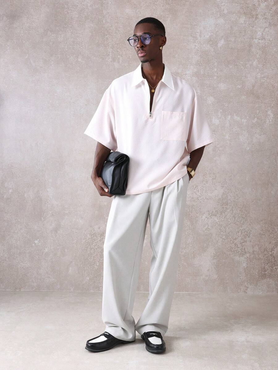 Chemises surdimensionnées polo rayée décontractée et oversize, zip à mi-hauteur