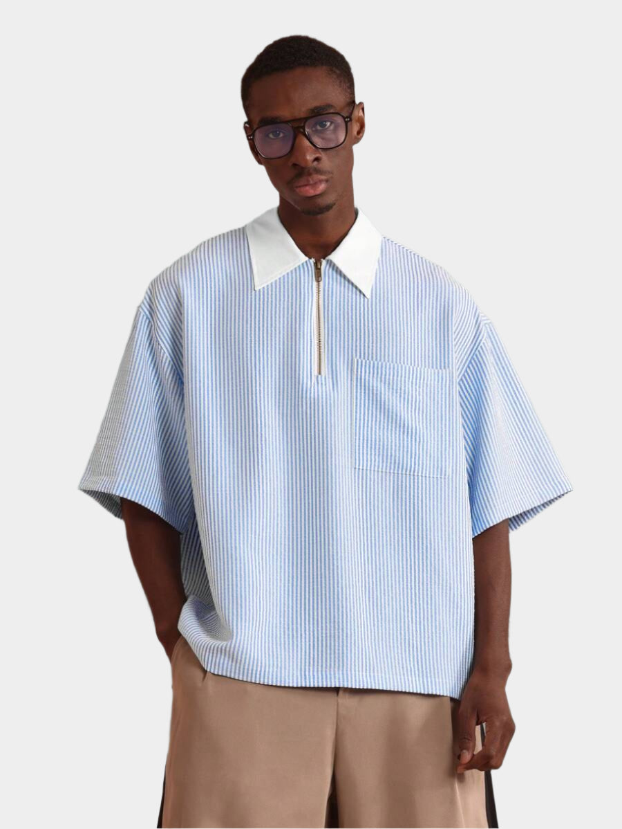 Chemises surdimensionnées polo rayée décontractée et oversize, zip à mi-hauteur